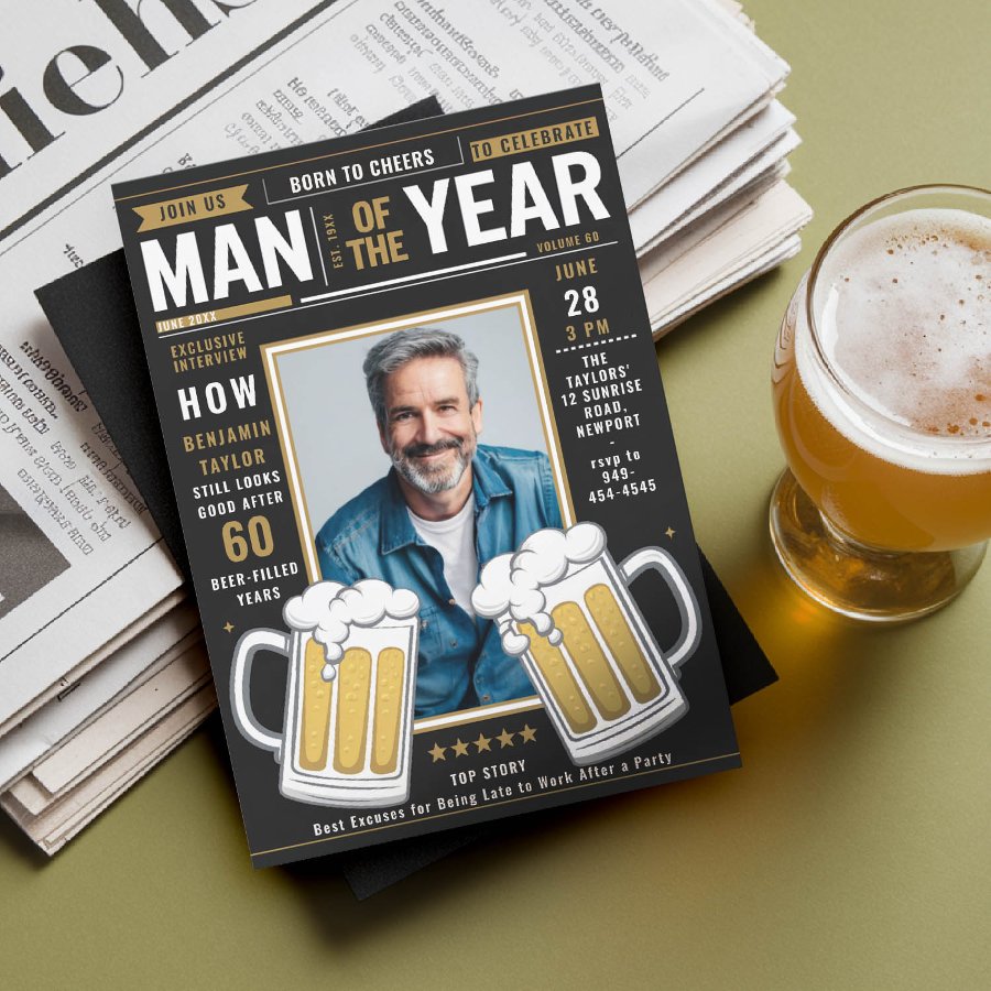 Beer Magazine Cover Funny Men Adult Birthday                    Photo Invitation