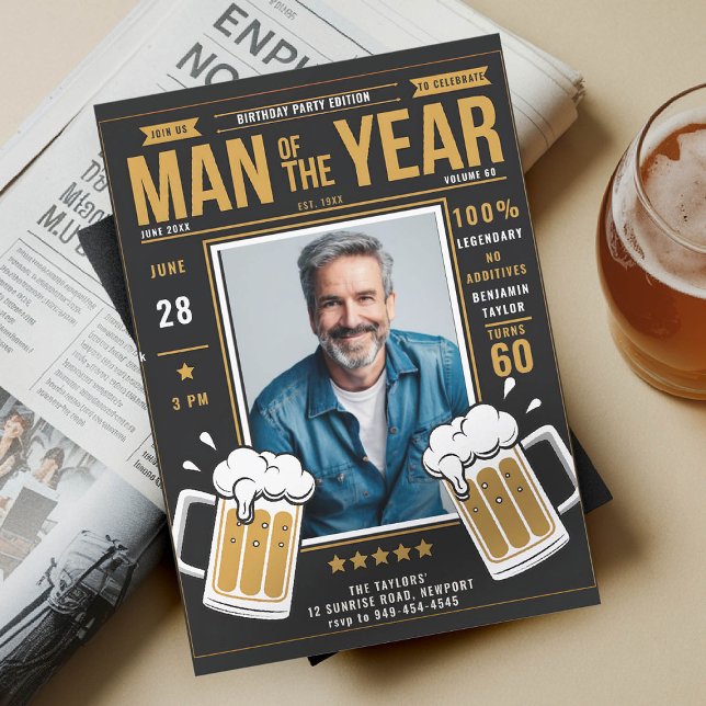 Beer Magazine Funny Men Adult Birthday Photo Black Invitation (men birthday party invitation beer themed magazine photo template fun funny black yellow gold hue)