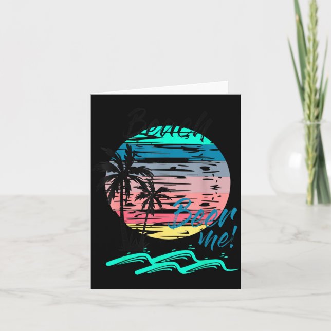 Beer Me Funny Drinking Beach Retro Sunset Palm Card (Front)