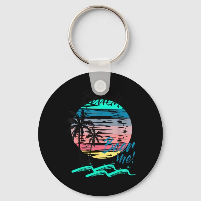 Beer Me Funny Drinking Beach Retro Sunset Palm Keychain (Front)