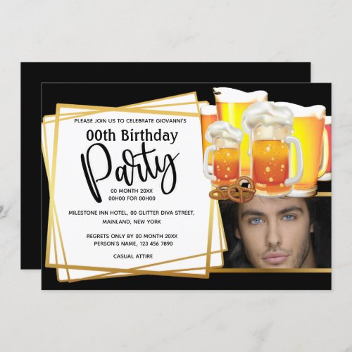 Beer mugs pretzel DIY photo mens birthday black Invitation