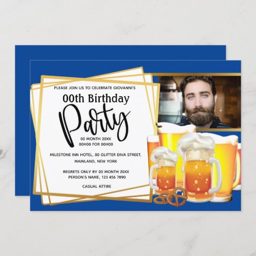 Beer mugs pretzel DIY photo mens birthday blue Invitation