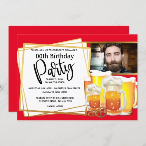 Beer mugs pretzel DIY photo mens birthday red Invitation