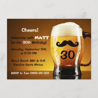 Beer Mustache Fun Birthday Party Invitation