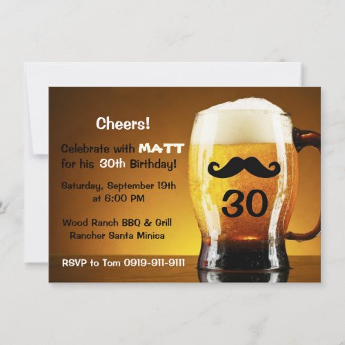 Beer Mustache Fun Birthday Party Invitation