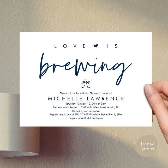 Beer Party Bridal Shower, Love is brewing Invitation (Beer Party Bridal Shower, Love is brewing Invitation card modern romance navy blue)
