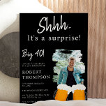 Beer pints black photo surprise forty birthday invitation<br><div class="desc">Shhh its a surprise! Fun surprise 40th birthday for him with 2 beer pints and a watercolor brushstroke to add your photo,  in editable white on black. Perfect surprise birthday party!</div>