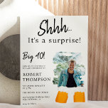 Beer pints white photo surprise forty birthday invitation<br><div class="desc">Shhh its a surprise! Fun surprise 40th birthday for him with 2 beer pints and a watercolor brushstroke to add your photo,  in editable black on white. Perfect surprise birthday party!</div>