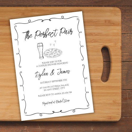 Beer  Pizza Perfect Pair Hand Drawn Couples Invitation