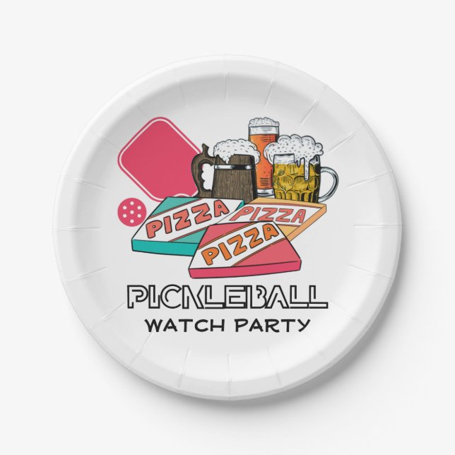 Beer Pizza PICKLEBALL WATCH PARTY Paper Plates (Front)