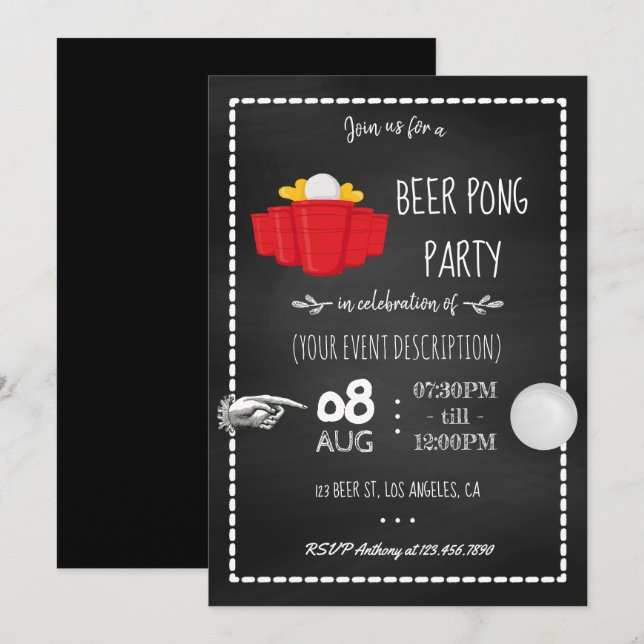 Beer Pong Party Celebration Chalkboard Invitation (Front/Back)