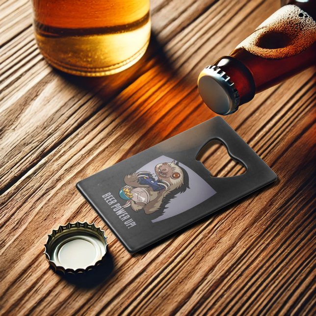 Beer Power Up! Funny Cartoon Sloth Playing Games Credit Card Bottle Opener (Creator Uploaded)