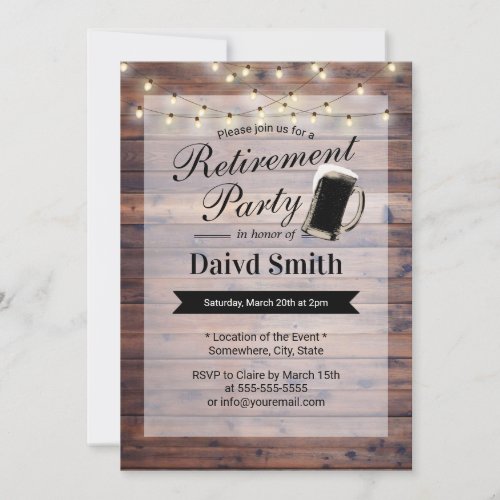 Beer Retirement Party String Lights Rustic Wood Invitation