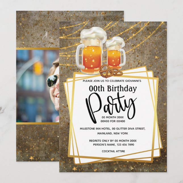 Beer string lights DIY photo mens birthday party Invitation (Front/Back)