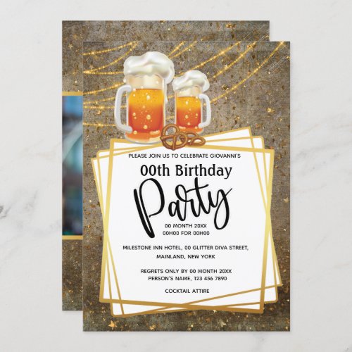 Beer string lights DIY photo mens birthday party Invitation