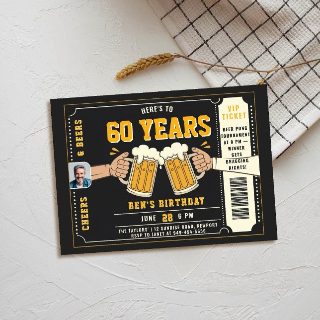 Beer Themed Black Ticket Men Adult Birthday Photo Invitation (men birthday party invitation beer themed cheers photo black yellow orange ticket backyard)