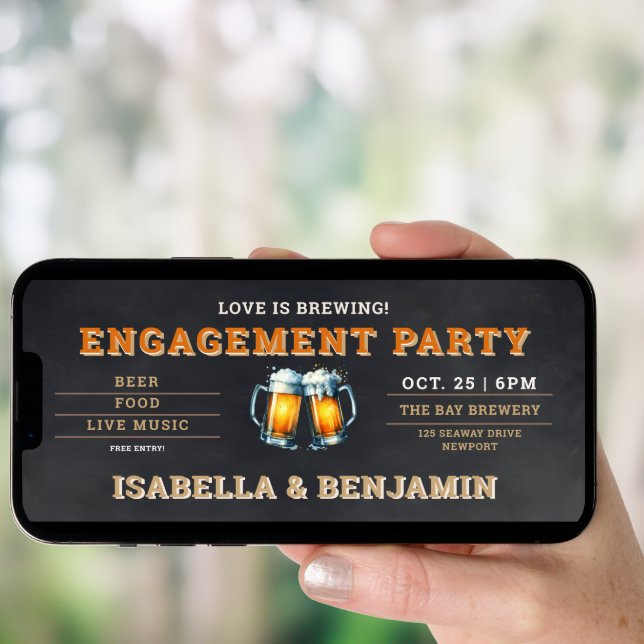 Beer Themed Brewery Black Ticket Engagement Party Invitation (Front Digital)