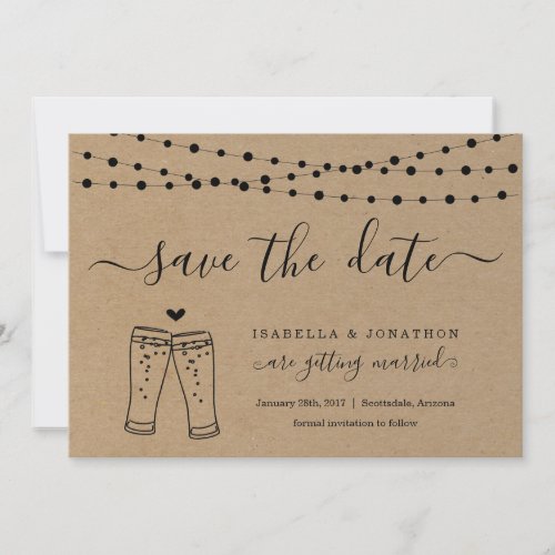 Beer Toast Save the Date Card Kraft Paper - Hand-drawn beer toast and beautiful calligraphy on a rustic kraft backdrop for your save the dates.