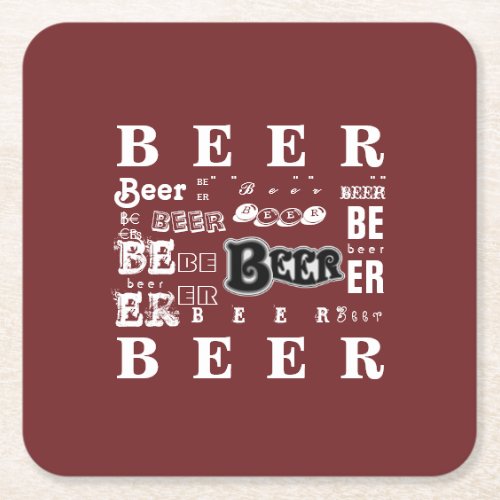 Beer_White  Black on Burgundy Square Paper Coaster