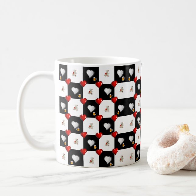 Beer White Teddy Bear Red Hearts Mug (With Donut)