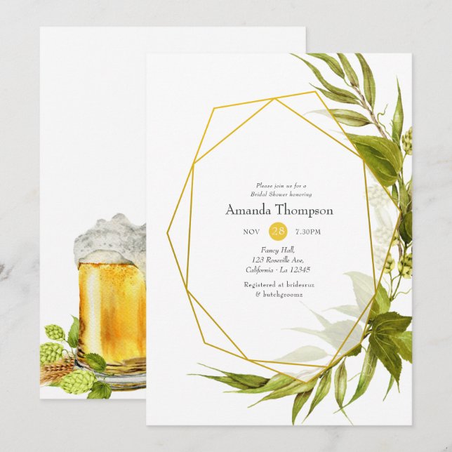Beer Willow Green and Gold Geometric Bridal Shower Invitation (Front/Back)
