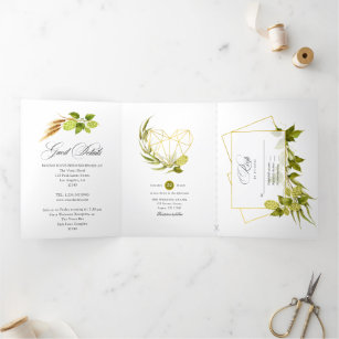 Beer Willow Green and Gold Geometric Wedding Tri-Fold Invitation