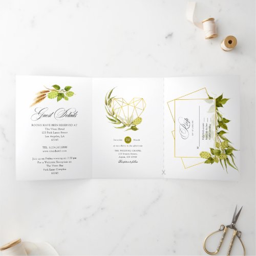 Beer Willow Green and Gold Geometric Wedding Tri_Fold Invitation