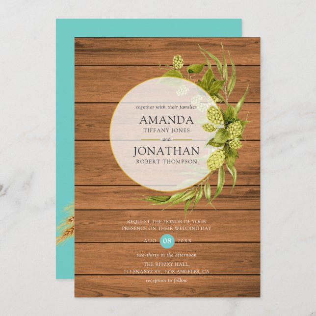 Beer Willow Greenery and Gold Geometric Wedding In Invitation (Front/Back)