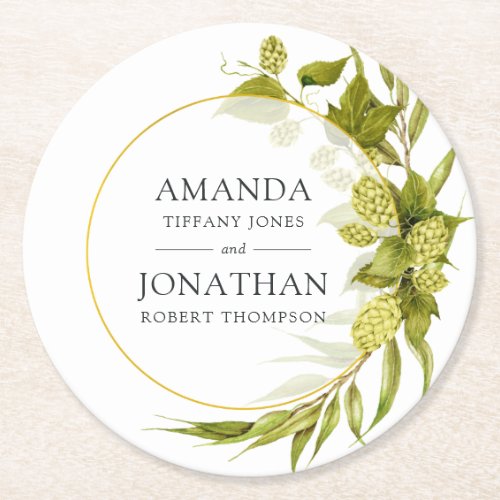 Beer Willow Greenery and Gold Geometric Wedding In Round Paper Coaster