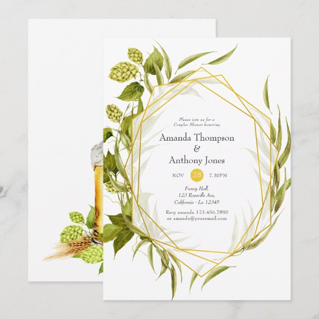 Beer Willow Greenery Gold Geometric Couples Shower Invitation (Front/Back)
