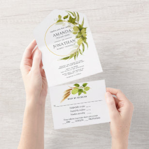 Beer Willow Greenery Gold Geometric Wedding All In One Invitation