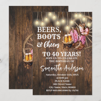 Beers Boots & Cheers Pink Western Country Birthday Invitation