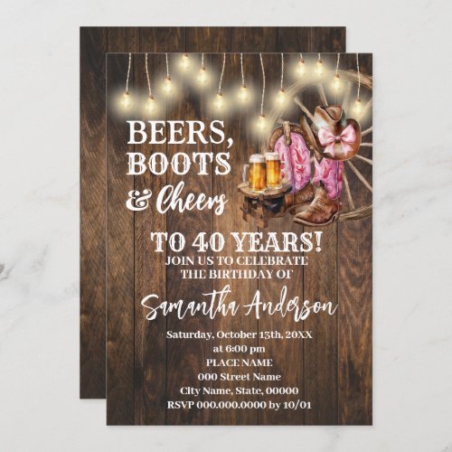 Beers Boots  Cheers Pink Western Country Birthday Invitation