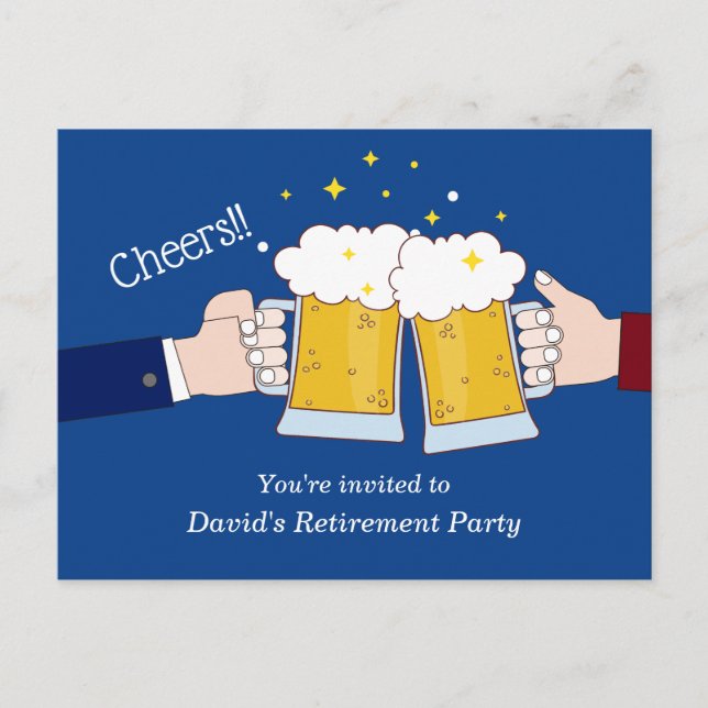 beers, cheers, adult retirement party invitation postcard (Front)