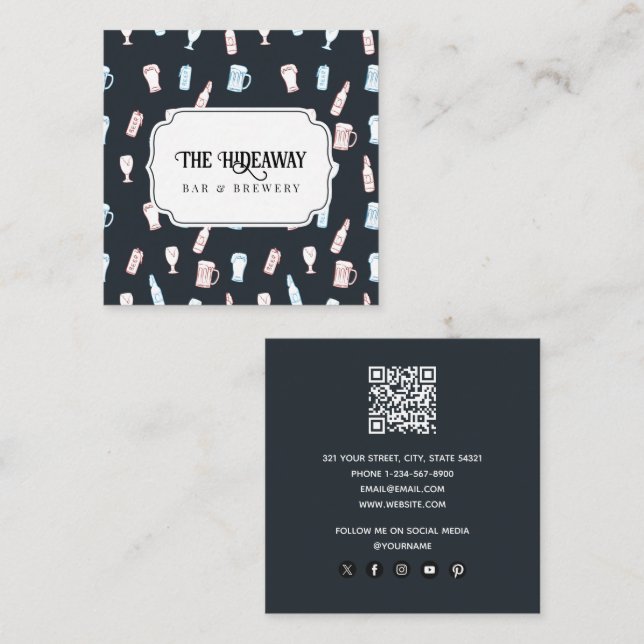 Beers Rustic Hand Drawn Beer Brewery QR Code Square Business Card (Front/Back)