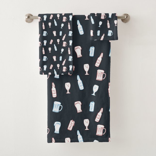 Beers Rustic Hand Drawn Whimsical Beer Man Cave Bath Towel Set (Insitu)
