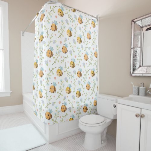 Bees and Blue Flowers Shower Curtain