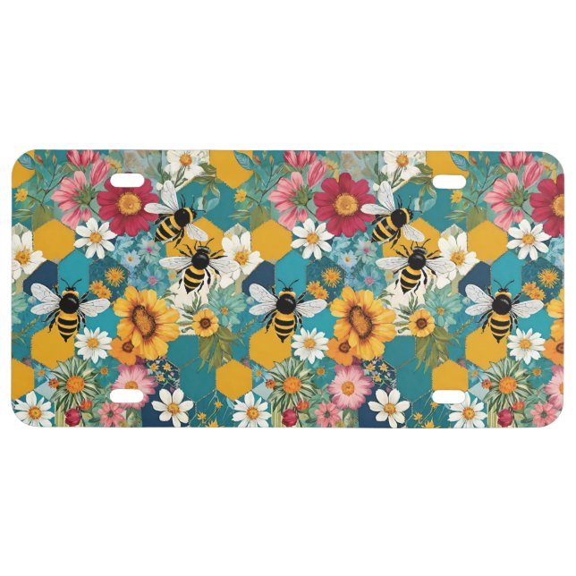 Bees and Florals Bee Flower Pattern License Plate (Front)