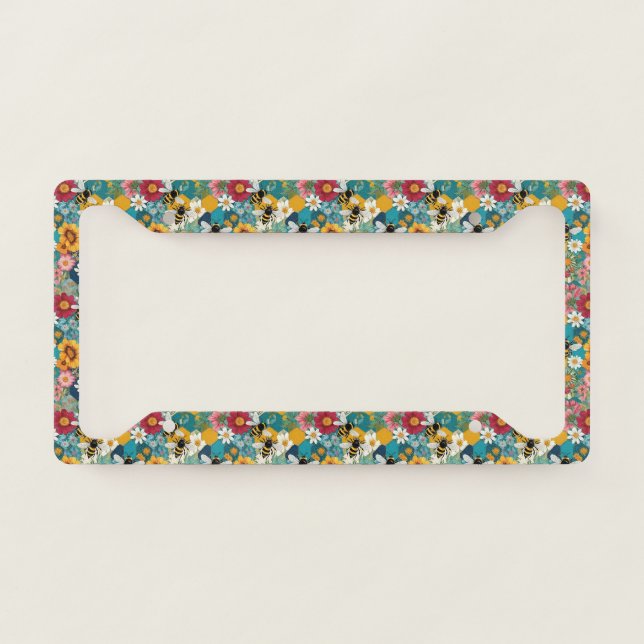 Bees and Florals Bee Flower Pattern License Plate Frame (Front)