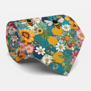 Bees and Florals Bee Flower Pattern Neck Tie