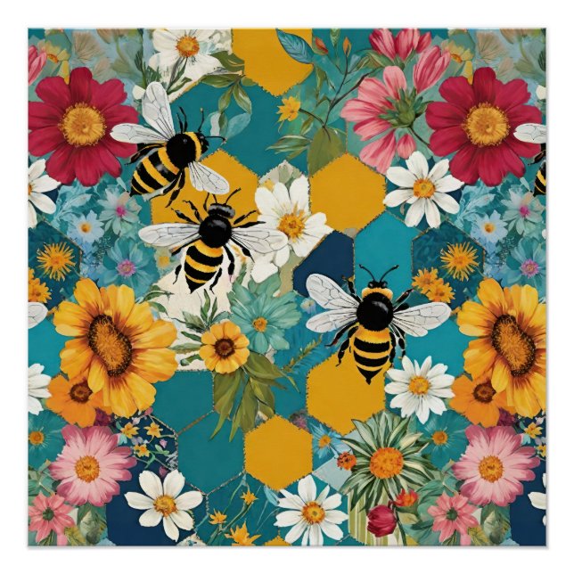 Bees and Florals Bee Flower Pattern Poster (Front)