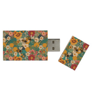 Bees and Florals Bee Flower Pattern Wood Flash Drive