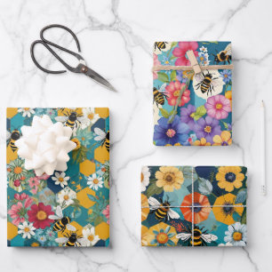 Bees and Florals Bee Flower Pattern Wrapping Paper Sheets