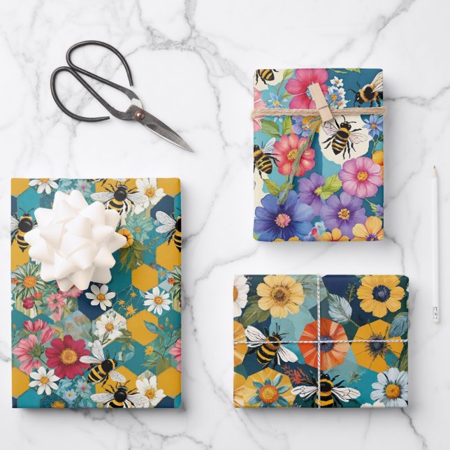 Bees and Florals Bee Flower Pattern Wrapping Paper Sheets (Front)