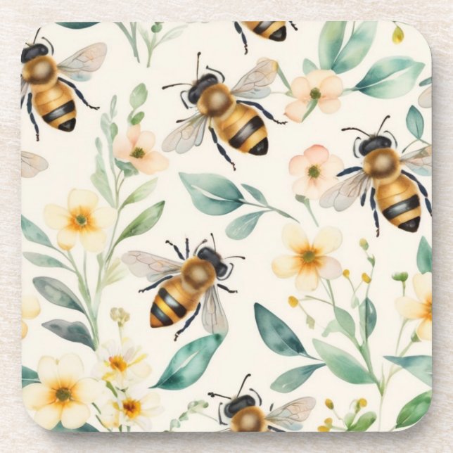 Bees and Flowers - Cream Floral Honey Bee Pattern Beverage Coaster (Front)