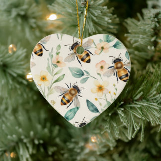 Bees and Flowers - Cream Floral Honey Bee Pattern Ceramic Ornament