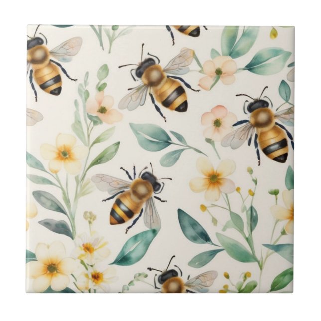 Bees and Flowers - Cream Floral Honey Bee Pattern Ceramic Tile (Front)