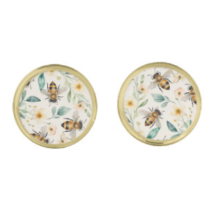 Bees and Flowers - Cream Floral Honey Bee Pattern Cufflinks