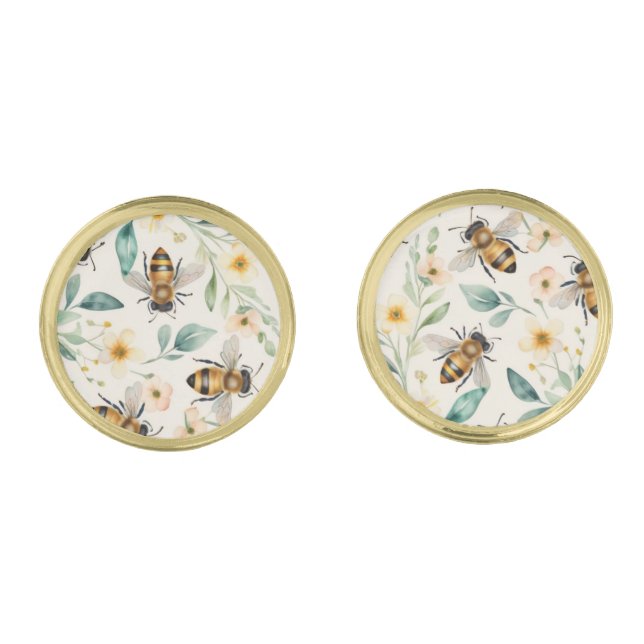 Bees and Flowers - Cream Floral Honey Bee Pattern Cufflinks (Front)