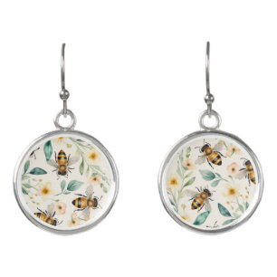 Bees and Flowers - Cream Floral Honey Bee Pattern Earrings